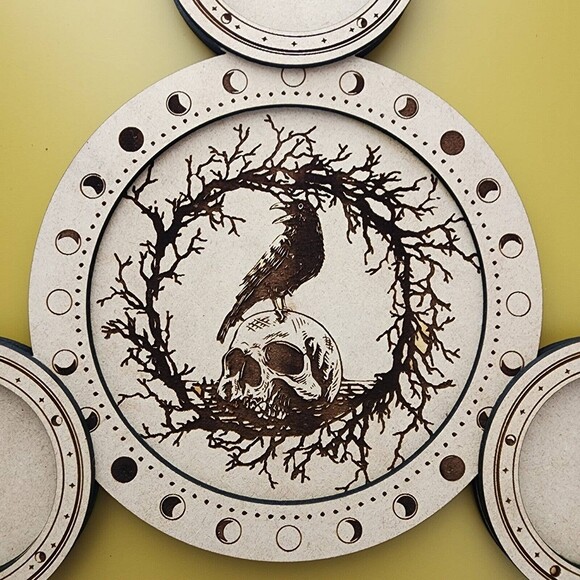 Altar Meditation Tile Candle Holder Raven Skull - Picture 2 of 4